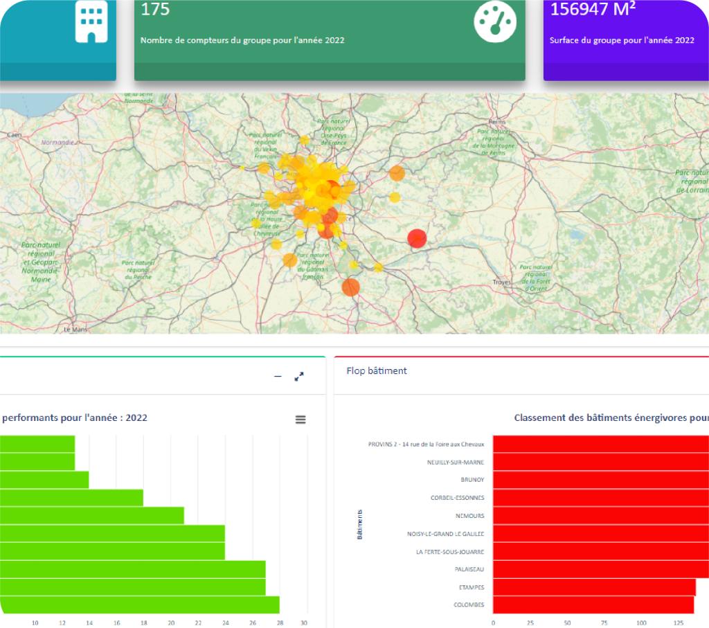 Capture du Logiciel Energy Management d'Enoptea qui vous permet de suivre la consommation énergétique de tous vos bâtiments
